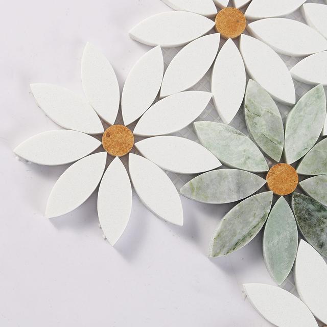 White and Green Daisy Flower Marble Tile Backsplash and Floor Mosaic — mosaic hoa văn waterjet bằng đá marble trắng & xanh lục