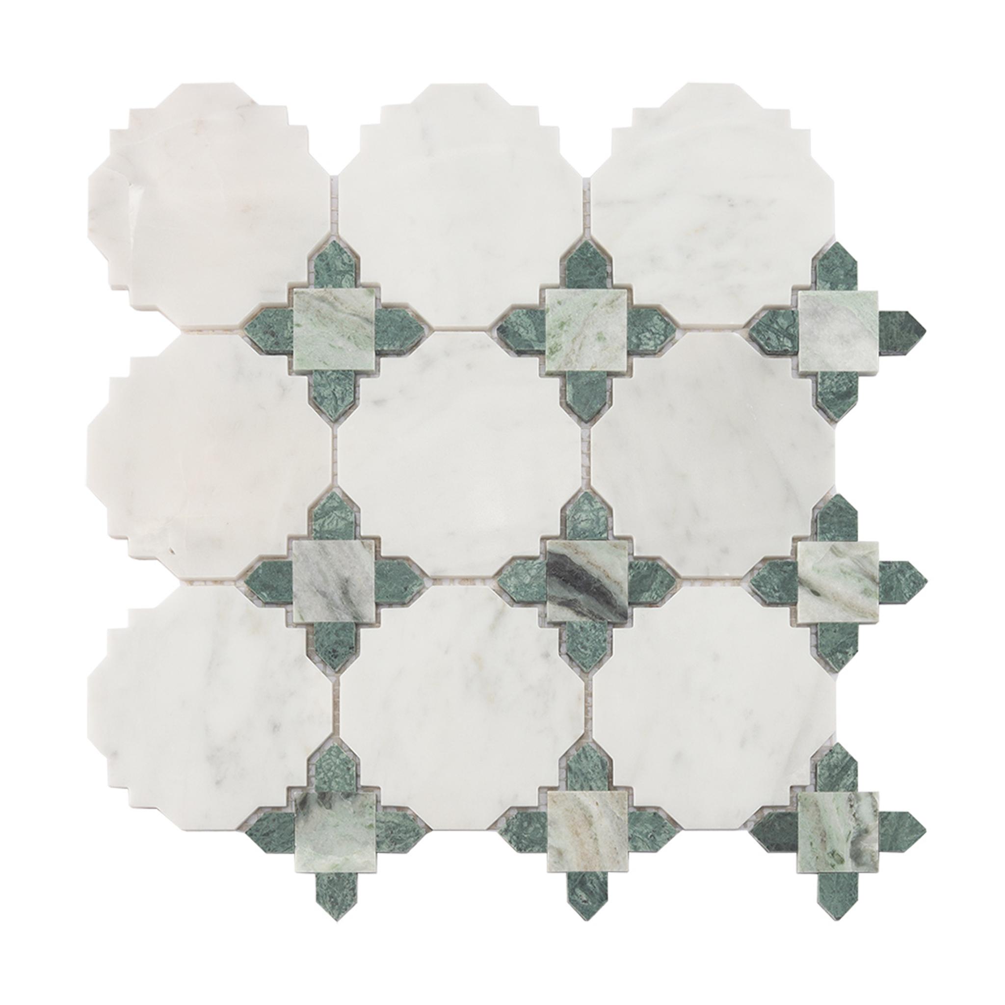 White and Green Marble Mosaic Wall and Floor Tile with Green Diamond — mosaic ghép nghệ thuật bằng đá marble trắng & xanh lục