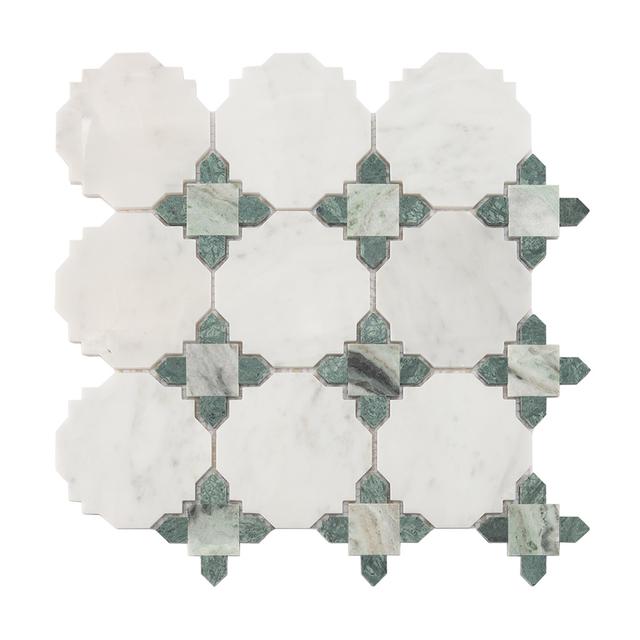 White and Green Marble Mosaic Wall and Floor Tile with Green Diamond — mosaic ghép nghệ thuật bằng đá marble trắng & xanh lục