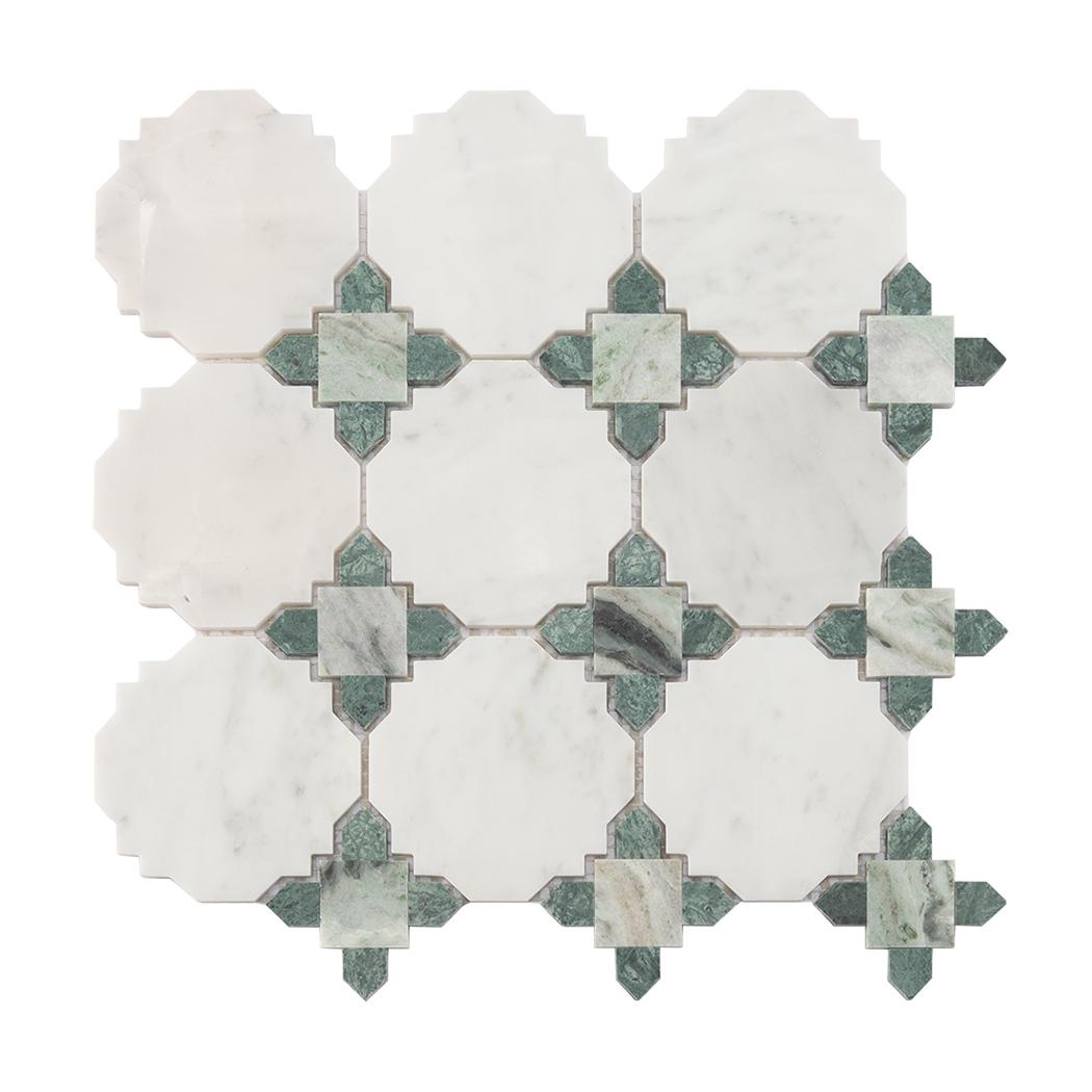 White and Green Marble Mosaic Wall and Floor Tile with Green Diamond — mosaic ghép nghệ thuật bằng đá marble trắng & xanh lục