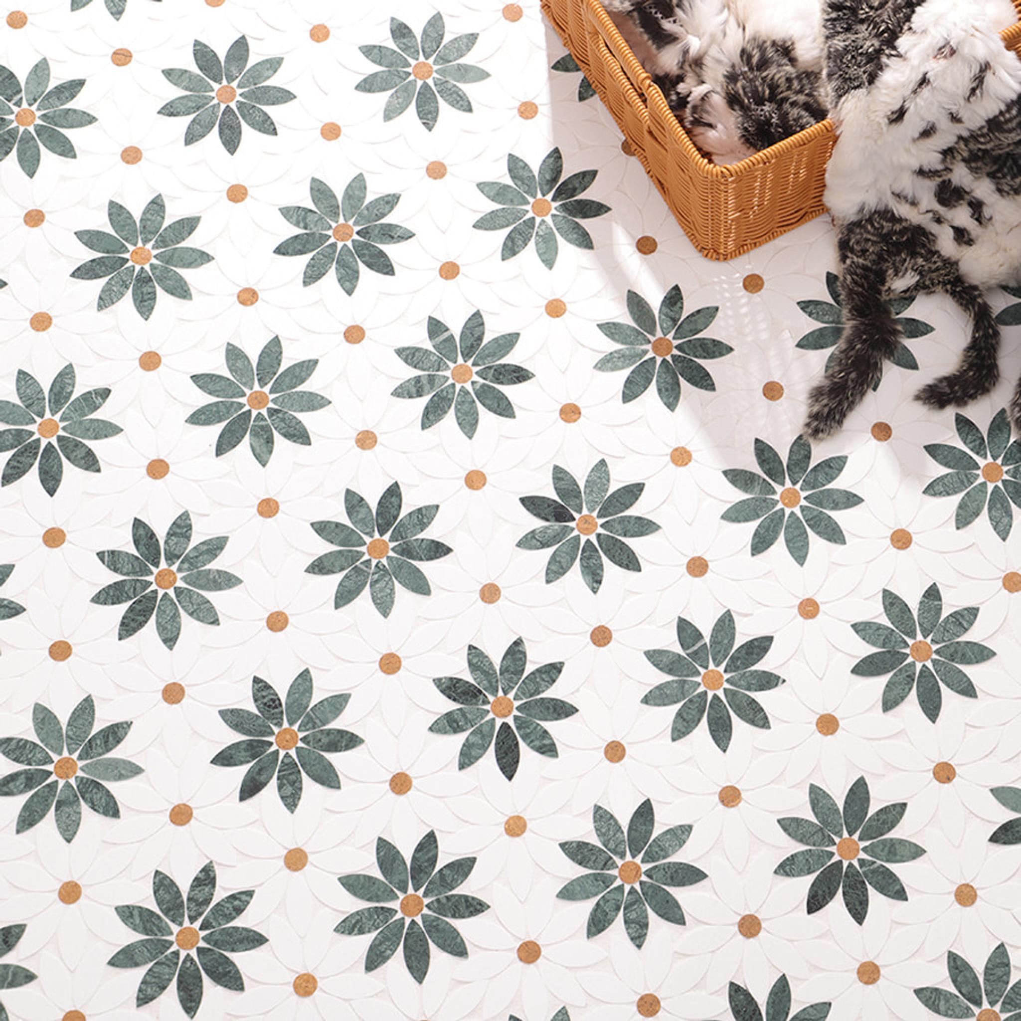 Empress Green and White Daisy Flower Marble Mosaic Tile — mosaic hoa văn waterjet bằng đá marble trắng & xanh lục