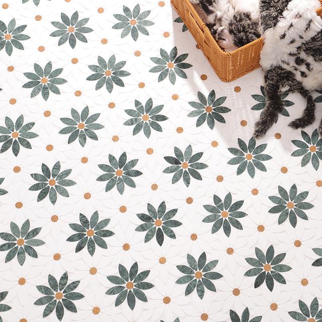 Empress Green and White Daisy Flower Marble Mosaic Tile — mosaic hoa văn waterjet bằng đá marble trắng & xanh lục