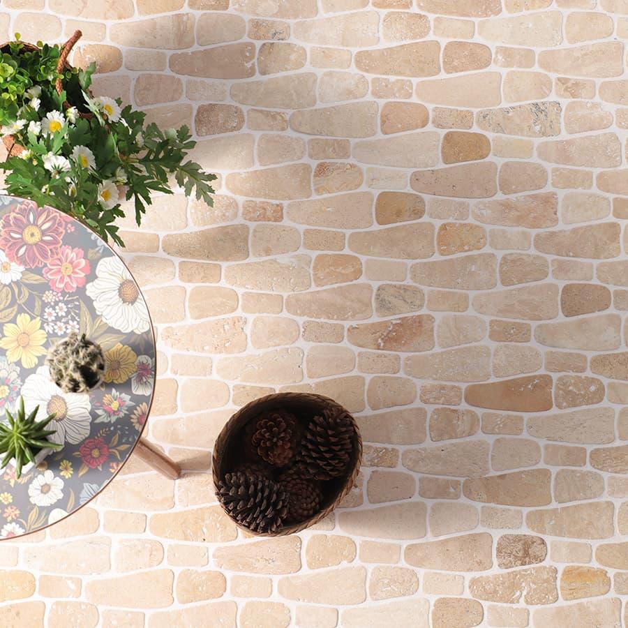 Beige Flat Pebble Travertine Mosaic Natural Stone Bathroom Floor Tile — mosaic ghép nghệ thuật bằng đá travertine beige