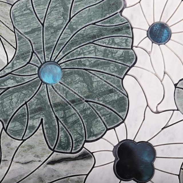 Green and White Floral Marble  Mosaic Tile — mosaic hoa văn waterjet bằng đá marble trắng & xanh lục