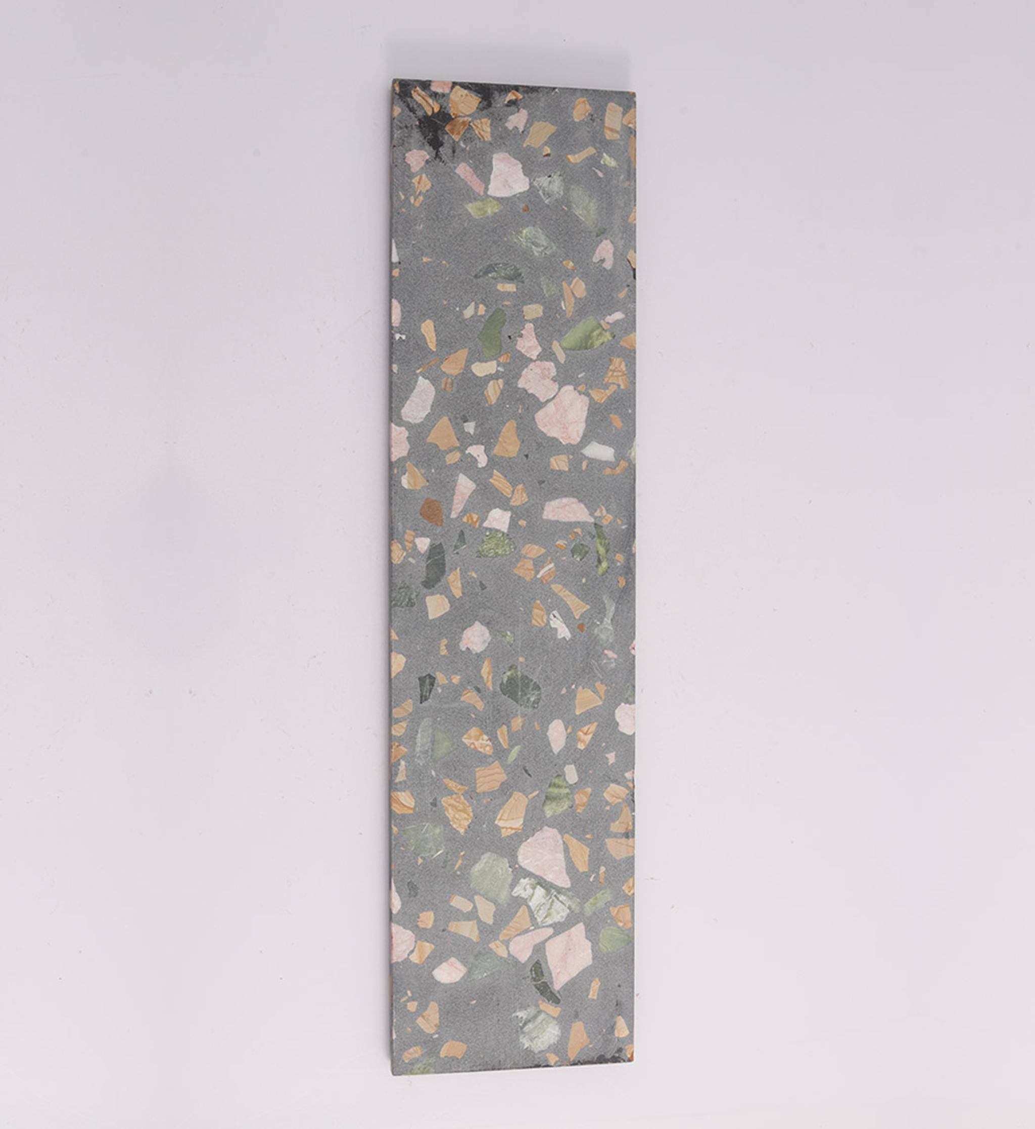 3D Black Terrazzo Fluted Tile with Colorful Stone Fragments — mosaic rãnh sọc (fluted) bằng đá terrazzo đen