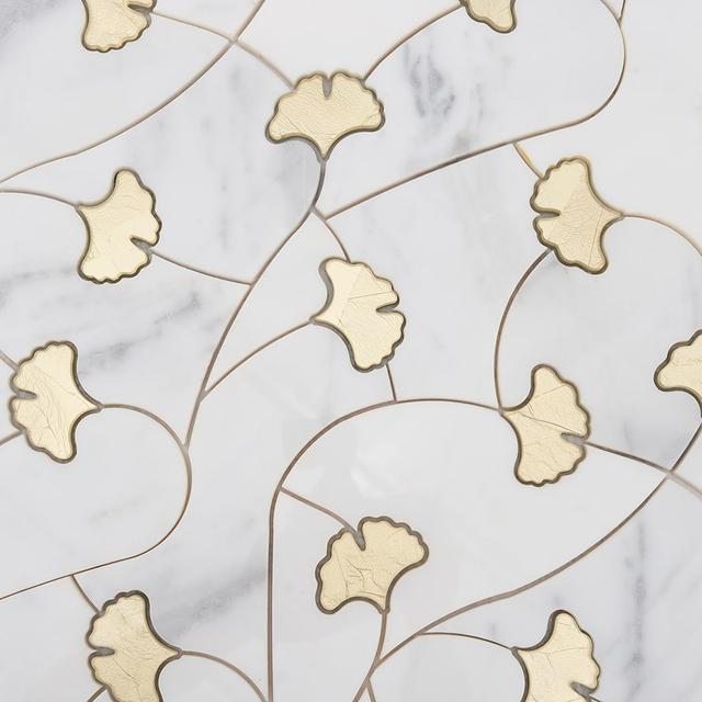 White Marble Gold Glass Waterjet Floral Mosaic Tile — mosaic hoa văn waterjet bằng đá marble trắng & vàng