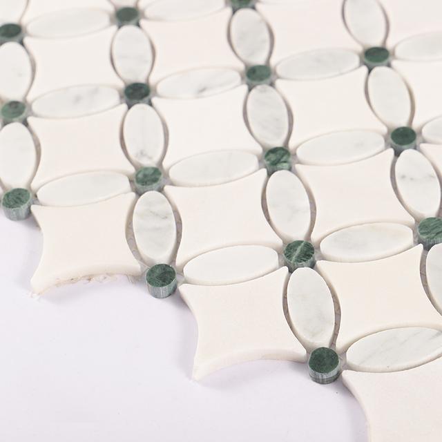 White and Green Floral Marble Floor Tile — mosaic hoa văn waterjet bằng đá marble trắng & xanh lục