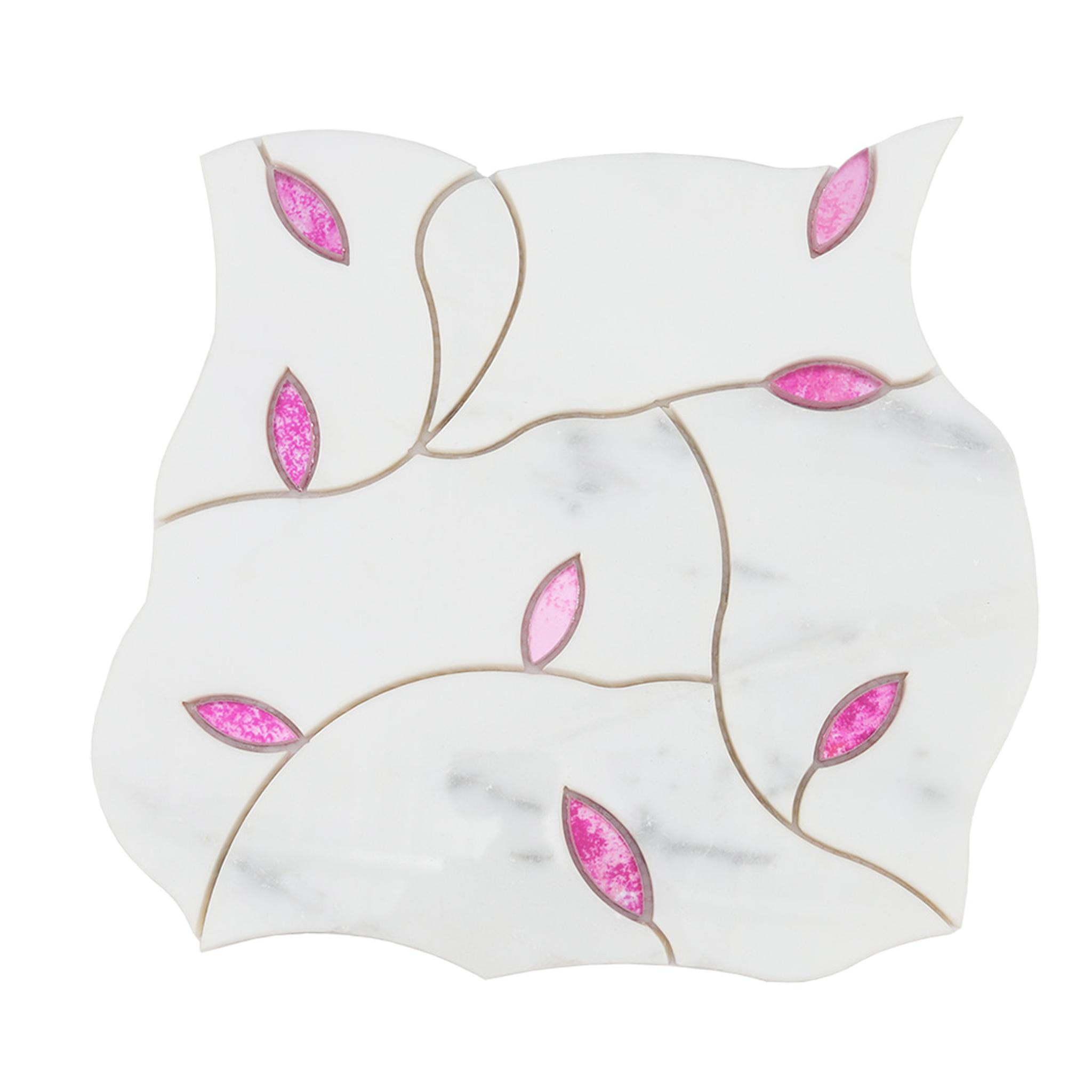 White Marble and Glass Waterjet Mosaic Tile  Curved Pattern Pink Glass — mosaic hoa văn waterjet bằng đá marble trắng & hồng