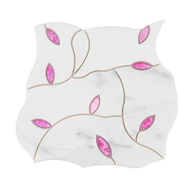 White Marble and Glass Waterjet Mosaic Tile  Curved Pattern Pink Glass — mosaic hoa văn waterjet bằng đá marble trắng & hồng