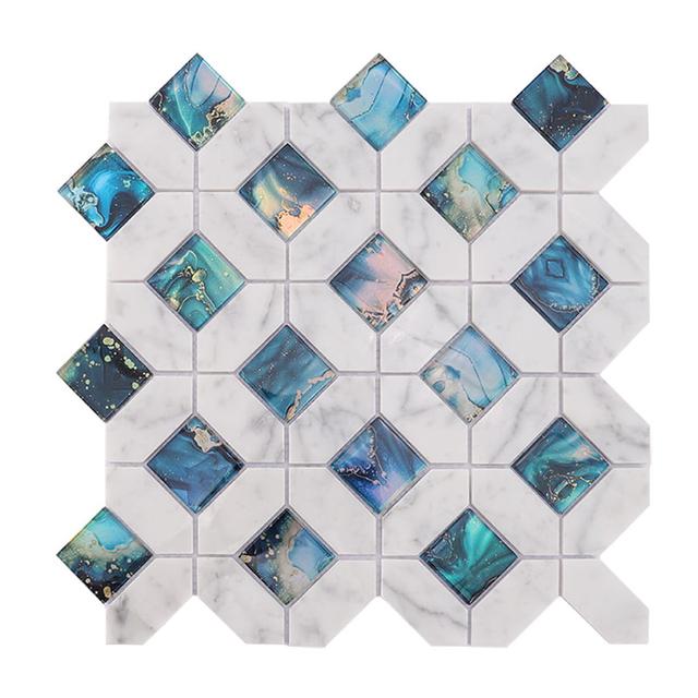 Blue Glass and White Marble Mosaic Tile — mosaic ghép nghệ thuật bằng đá marble trắng & xanh dương