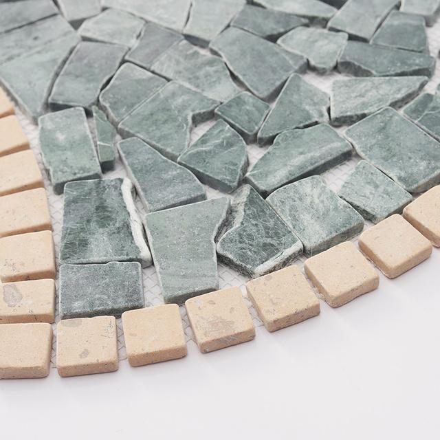 Irregular Green Marble Pebble Mosaic with Beige Square Border Tiles — mosaic vuông bằng đá marble xanh lục & beige