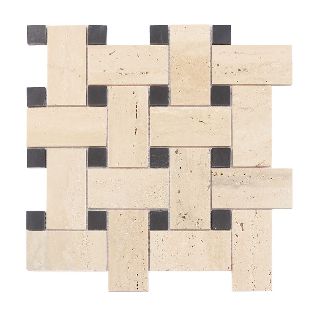 Beige Basketweave Marble Mosaic with Black Dot — mosaic đan rổ (basketweave) bằng đá marble beige điểm đen