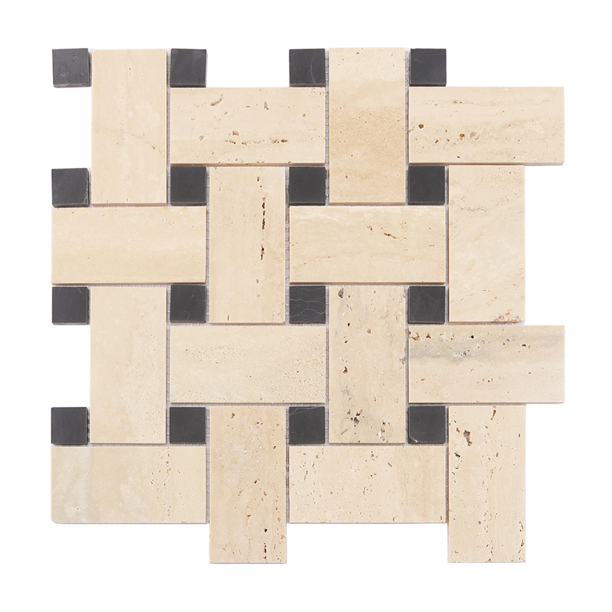Beige Basketweave Marble Mosaic with Black Dot — mosaic đan rổ (basketweave) bằng đá marble beige điểm đen