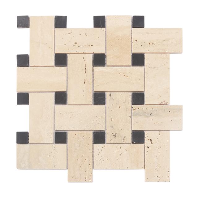 Beige Basketweave Travertine Mosaic with Black Dot — Mosaic đan rổ travertine beige điểm đen — Rochelle Rochelle Stone