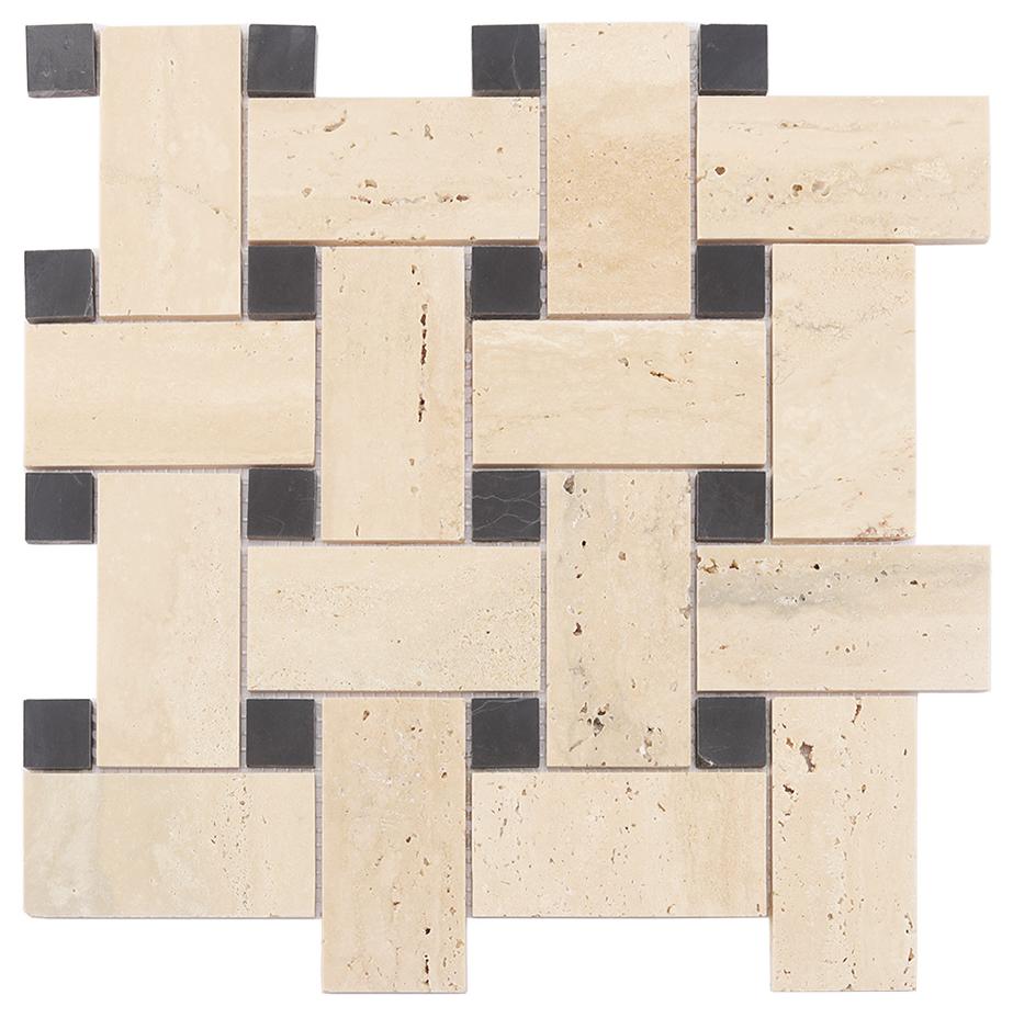 Beige Basketweave Marble Mosaic with Black Dot — mosaic đan rổ (basketweave) bằng đá marble beige điểm đen