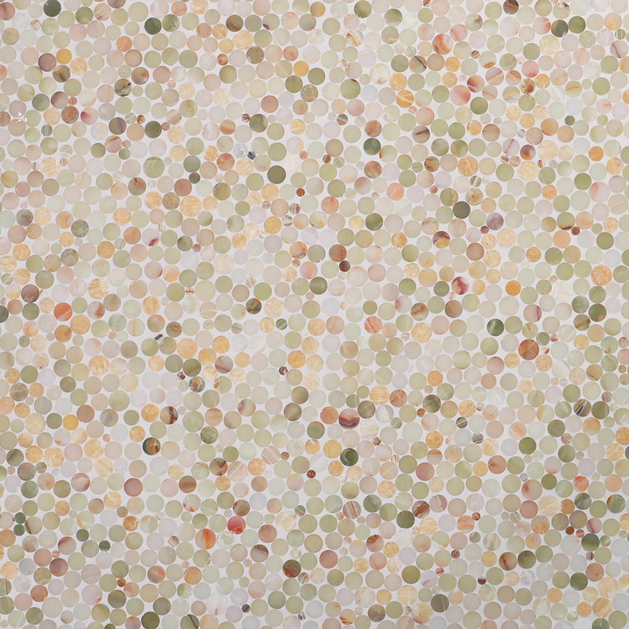 Pale Green Penny Round Marble Mosaic — mosaic tròn (penny round) bằng đá marble xanh nhạt mật ong