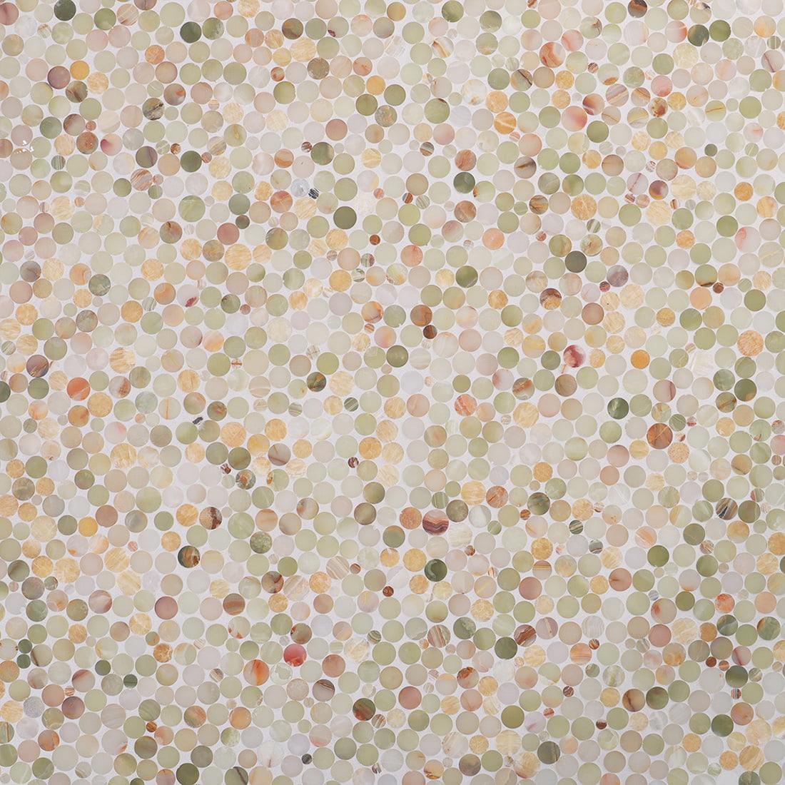 Pale Green Penny Round Marble Mosaic — mosaic tròn (penny round) bằng đá marble xanh nhạt mật ong