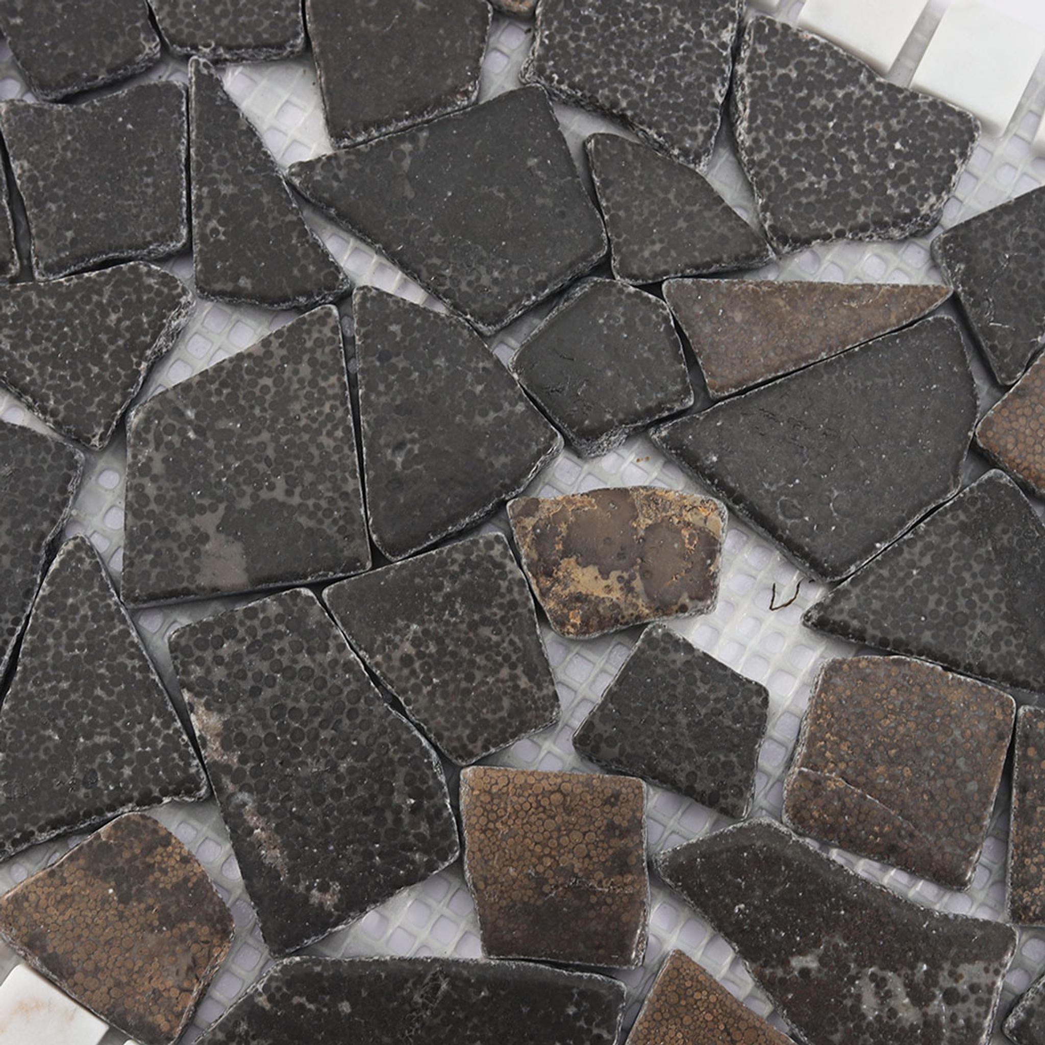 Irregular Broken Marble Mosaic Dark Brown Tile with White Border — mosaic ghép nghệ thuật bằng đá marble trắng & nâu