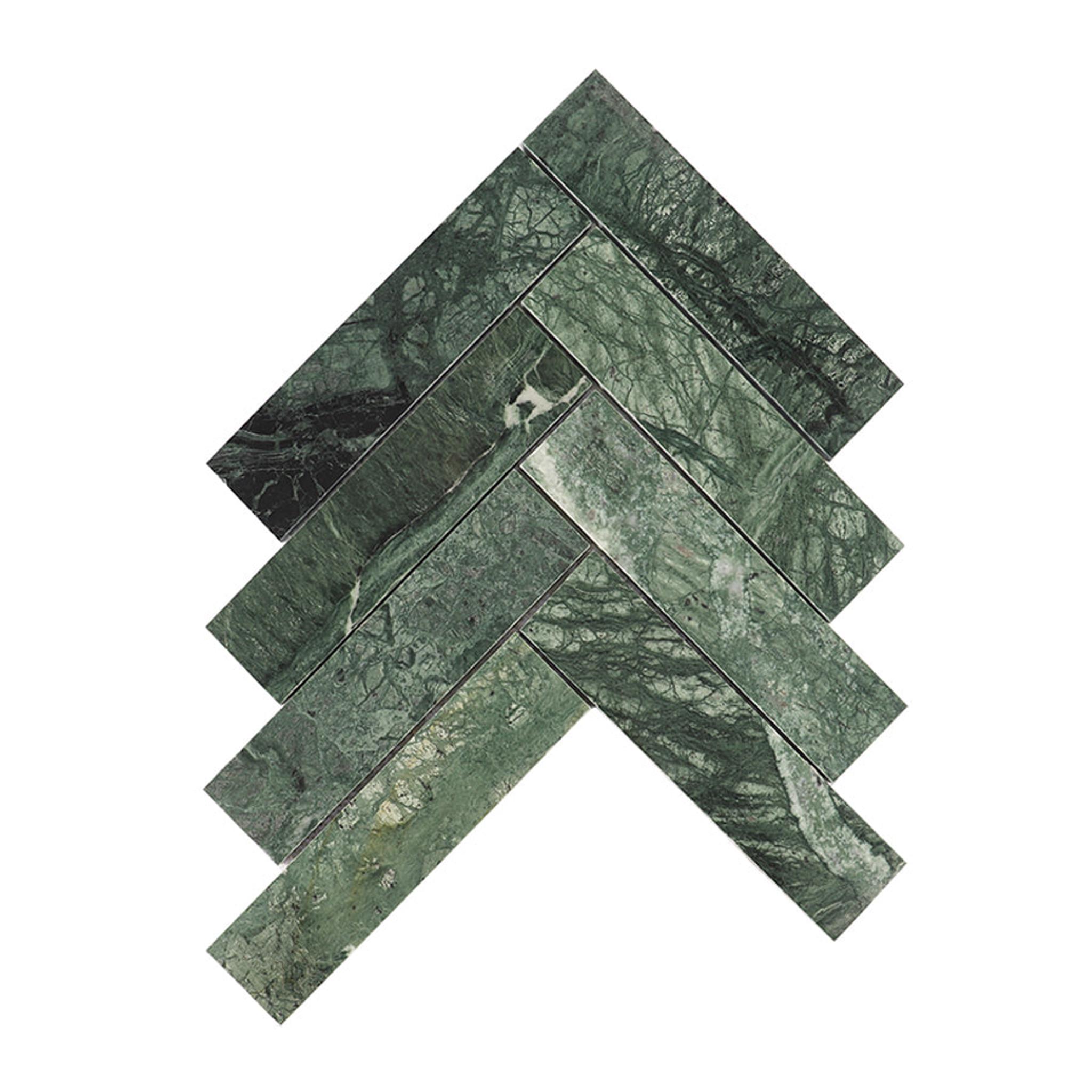 Verde Green Herringbone Polished Marble Mosaic Tile — mosaic xương cá bằng đá marble xanh lục