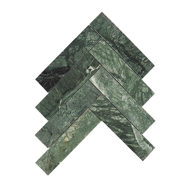 Verde Green Herringbone Polished Marble Mosaic Tile — mosaic xương cá bằng đá marble xanh lục