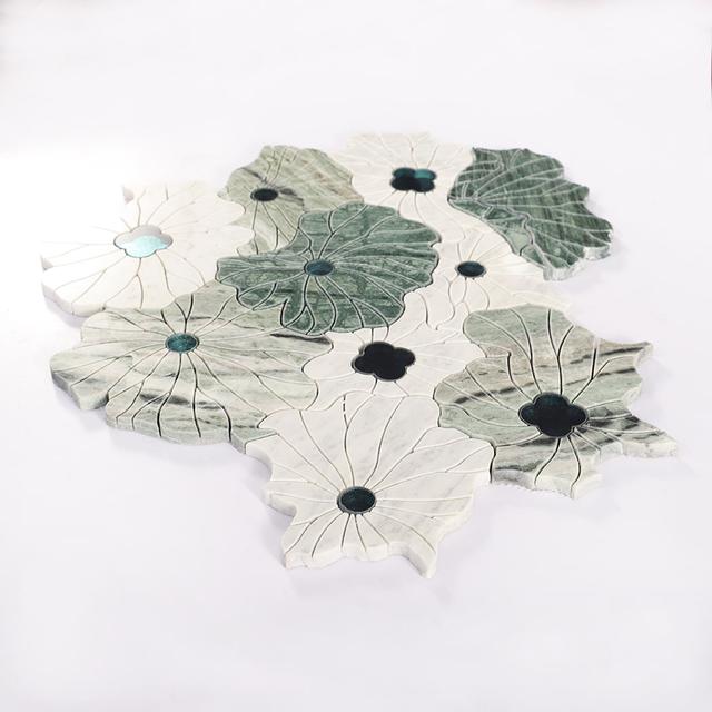 Green and White Floral Marble  Mosaic Tile — mosaic hoa văn waterjet bằng đá marble trắng & xanh lục