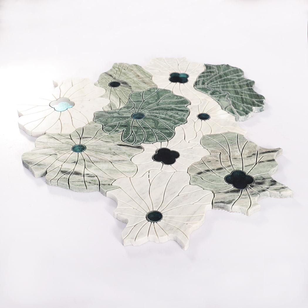 Green and White Floral Marble Mosaic Tile — mosaic hoa văn waterjet bằng đá marble trắng & xanh lục