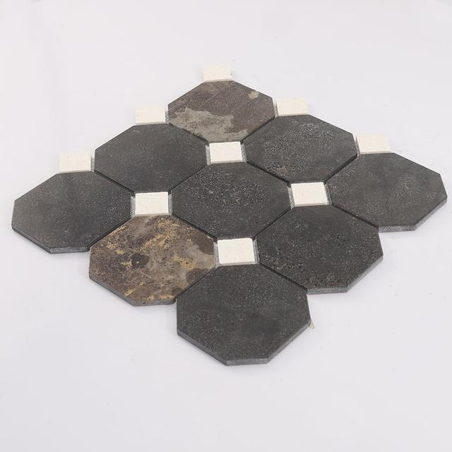 Dark Brown Octagon Marble Mosaic Tile with White Dot Inserts — mosaic ghép nghệ thuật bằng đá marble trắng & nâu