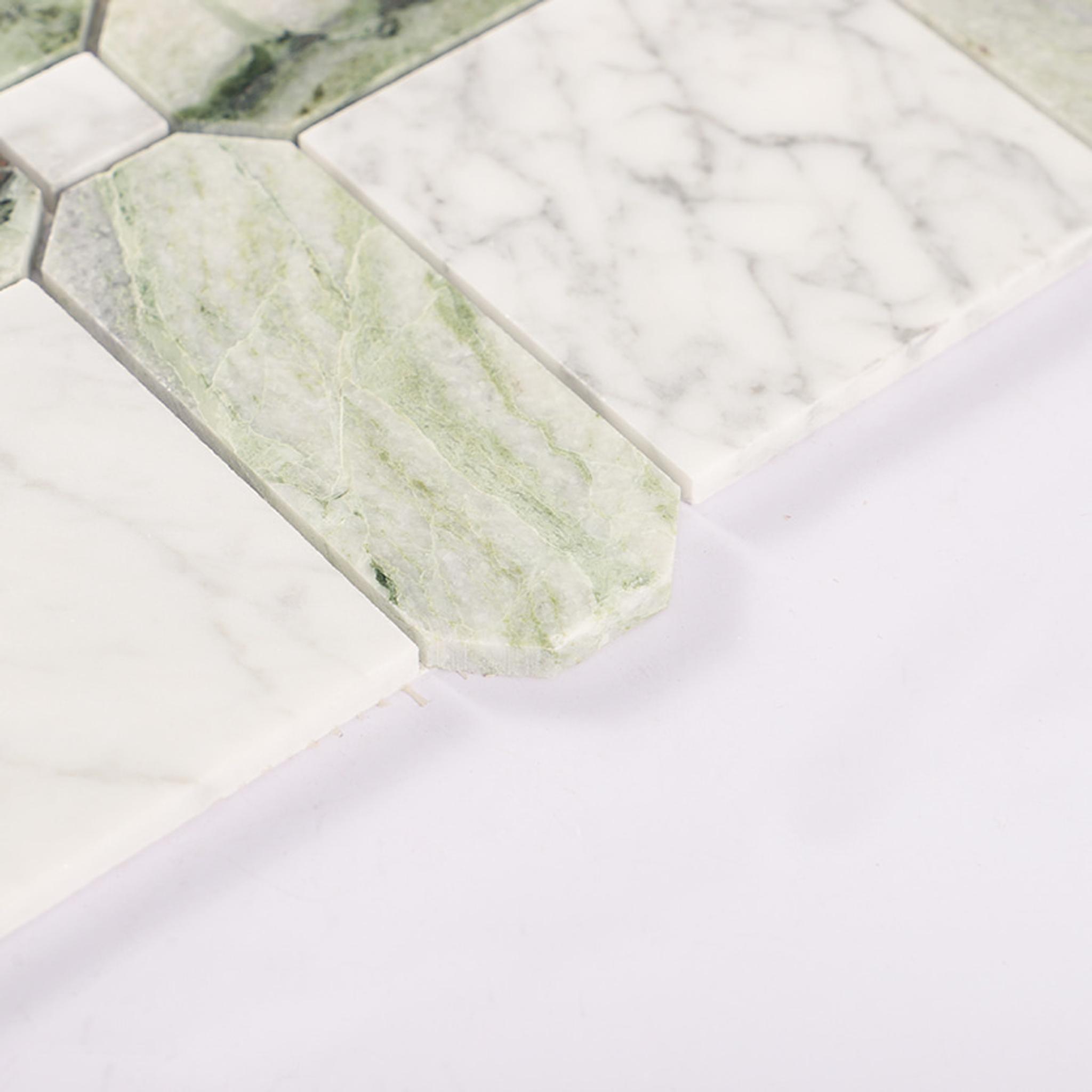 Carrara White and Green Geometric Pattern Marble Mosaic Tile — mosaic ghép nghệ thuật bằng đá marble trắng & xanh lục