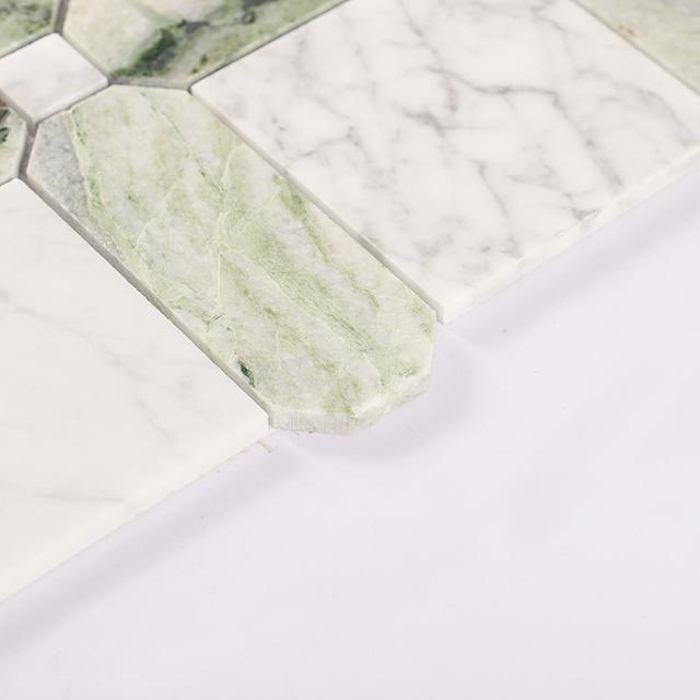 Carrara White and Green Geometric Pattern Marble Mosaic Tile — mosaic ghép nghệ thuật bằng đá marble trắng & xanh lục