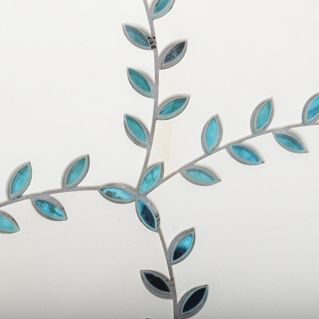 White Marble with Blue Glass Leaf Shaped Waterjet Mosaic Tile — mosaic hoa văn waterjet bằng đá marble trắng & xanh dương