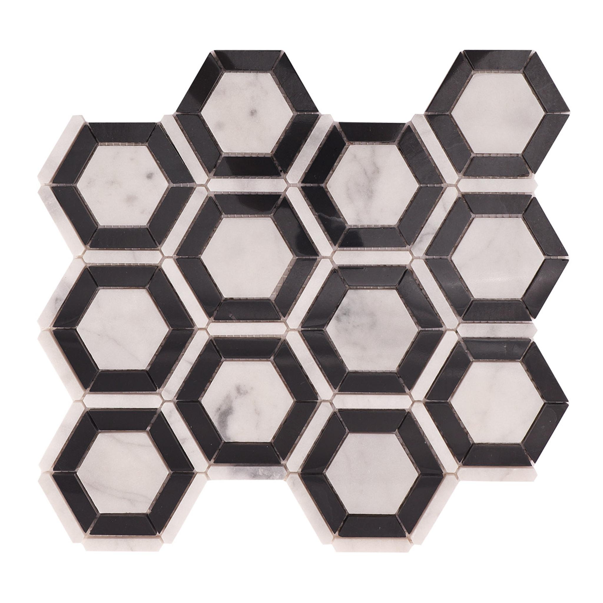 Carrara White and Black Hexagon Geometric Marble Mosaic Tiles — mosaic lục giác bằng đá marble đen & trắng