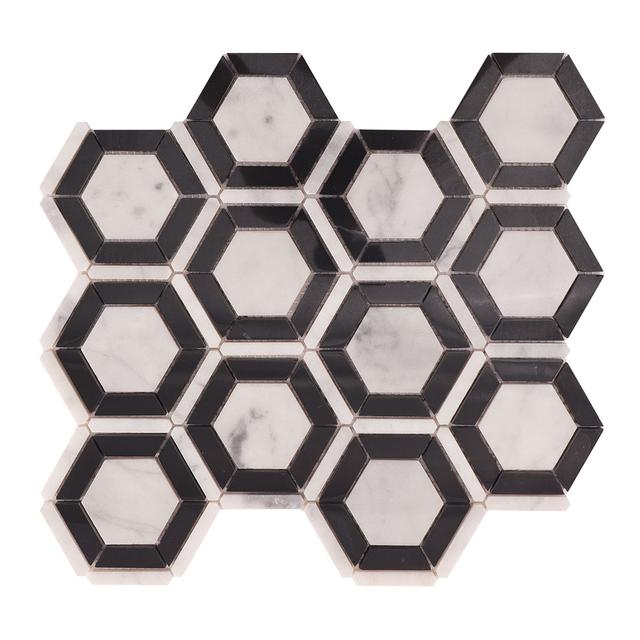 Carrara White and Black Hexagon Geometric Marble Mosaic Tiles — mosaic lục giác bằng đá marble đen & trắng