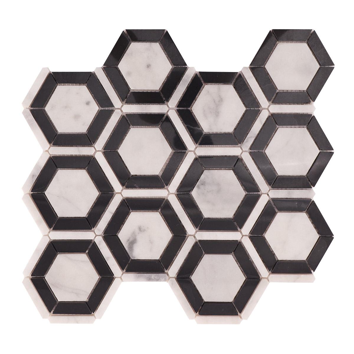 Carrara White and Black Hexagon Geometric Marble Mosaic Tiles — mosaic lục giác bằng đá marble đen & trắng