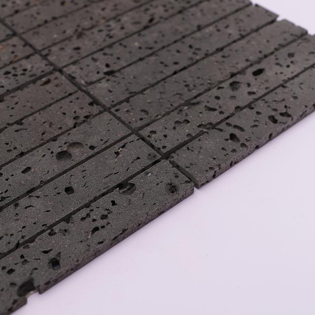 Black Long Rectangle Stacked Travertine Stone Mosaic Tiles — mosaic thanh dài (linear) bằng đá travertine đen