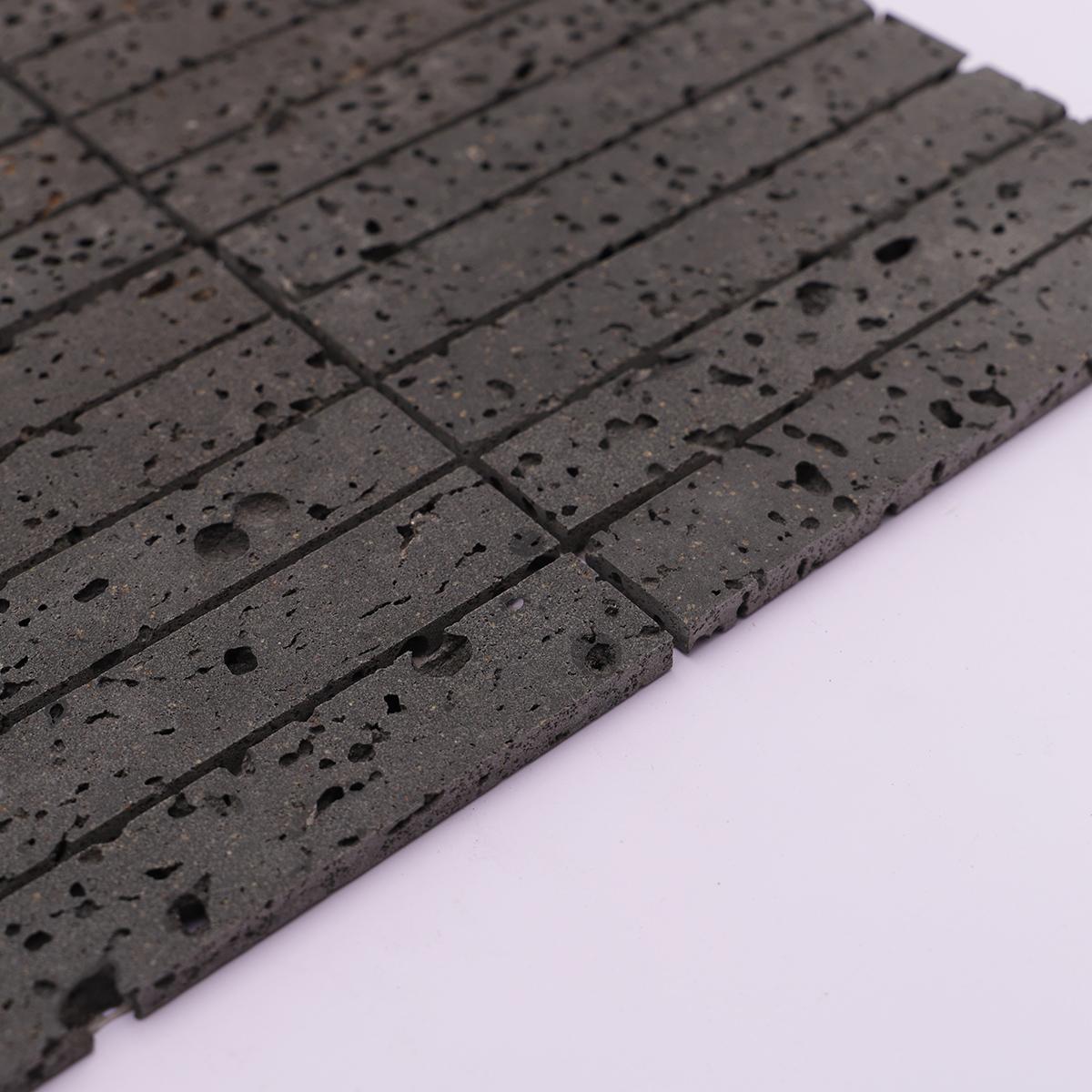 Black Long Rectangle Stacked Travertine Stone Mosaic Tiles — mosaic thanh dài (linear) bằng đá travertine đen