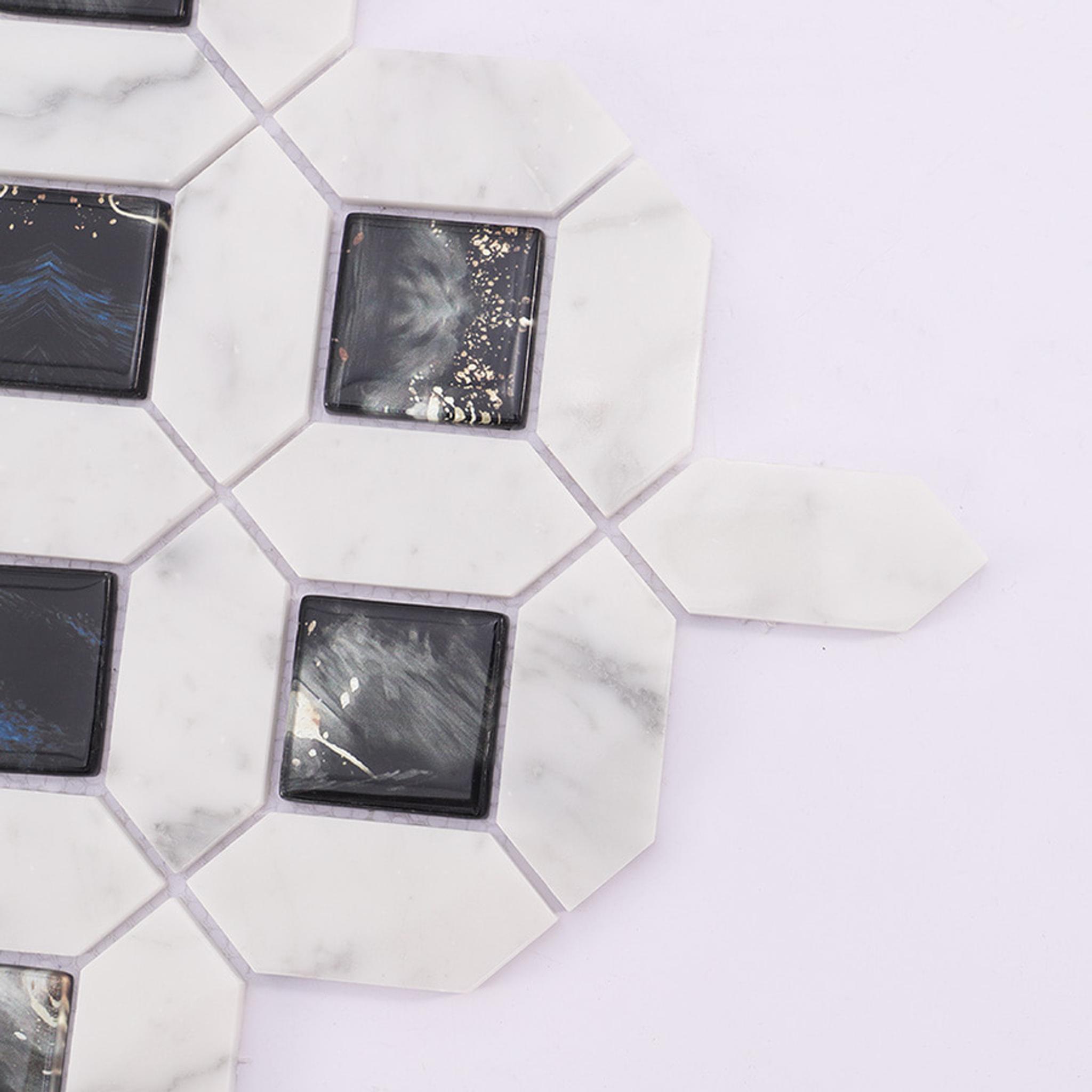 White Marble Black Glass Picket Square Mosaic Tile for Wall — mosaic vuông bằng đá marble đen & trắng