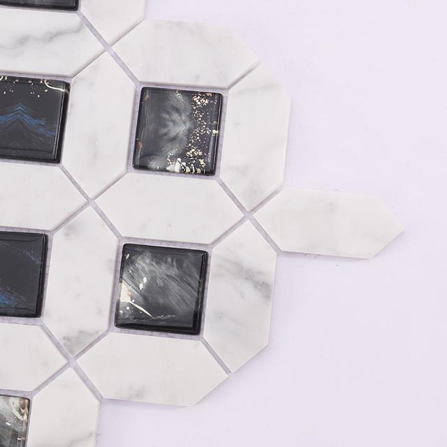 White Marble Black Glass Picket Square Mosaic Tile for Wall — mosaic vuông bằng đá marble đen & trắng