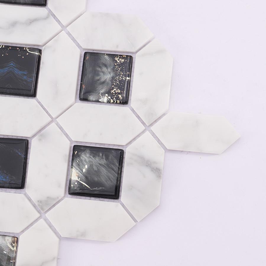 White Marble Black Glass Picket Square Mosaic Tile for Wall — mosaic vuông bằng đá marble đen & trắng