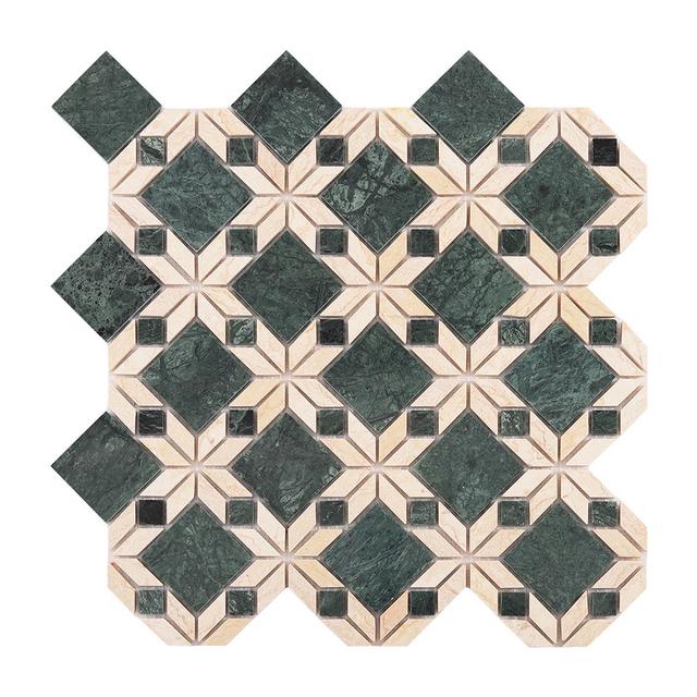 Polished Green and Cream Marble Star Floral Mosaic Tile — Rochelle Rochelle Stone