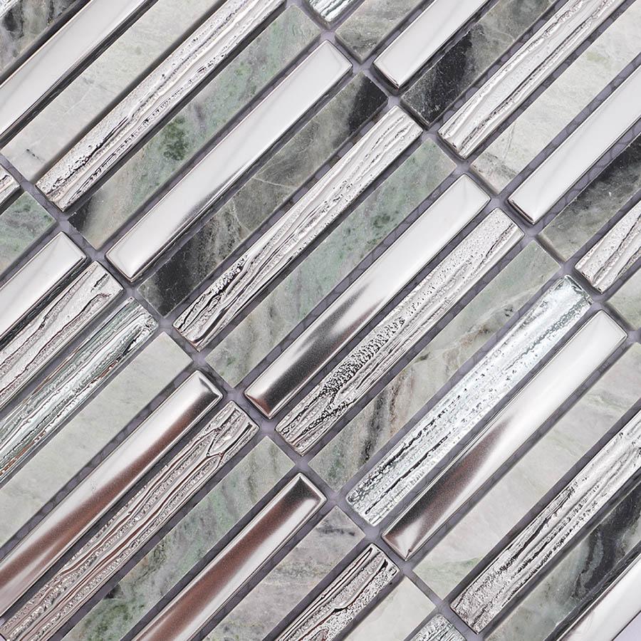 Silver Glass and Emerald Green Marble Mosaic Linear Tile — mosaic thanh dài (linear) bằng đá marble xanh lục & bạc