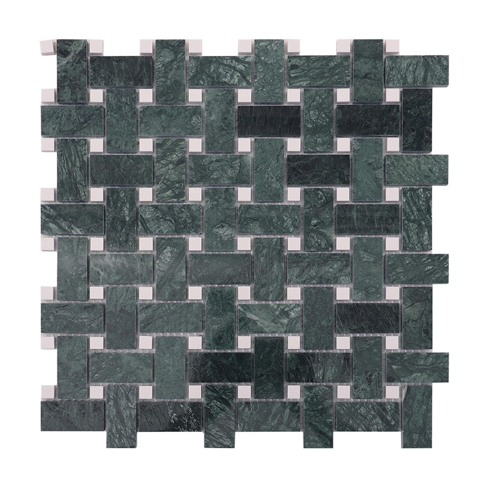 Verde Green and White Marble Basketweave Mosaic Tiles — mosaic đan rổ (basketweave) bằng đá marble trắng & xanh lục