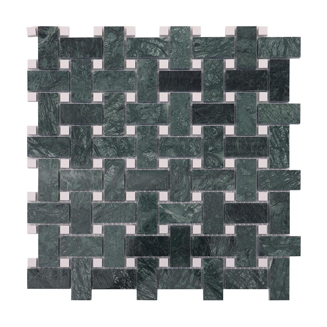 Verde Green and White Marble Basketweave Mosaic Tiles — mosaic đan rổ (basketweave) bằng đá marble trắng & xanh lục