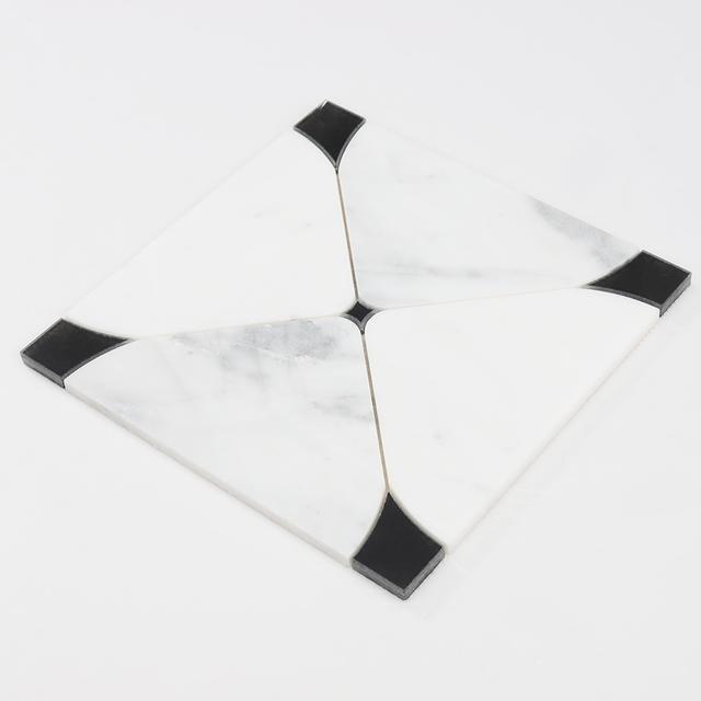 White Marble and Black Glass Waterjet Tile Square Wall Mosaic — mosaic hoa văn waterjet bằng đá marble đen & trắng