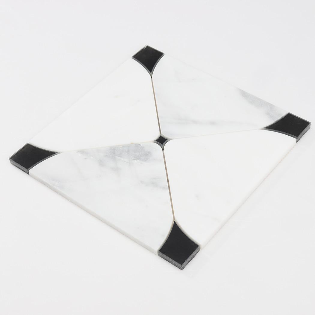 White Marble and Black Glass Waterjet Tile Square Wall Mosaic — mosaic hoa văn waterjet bằng đá marble đen & trắng