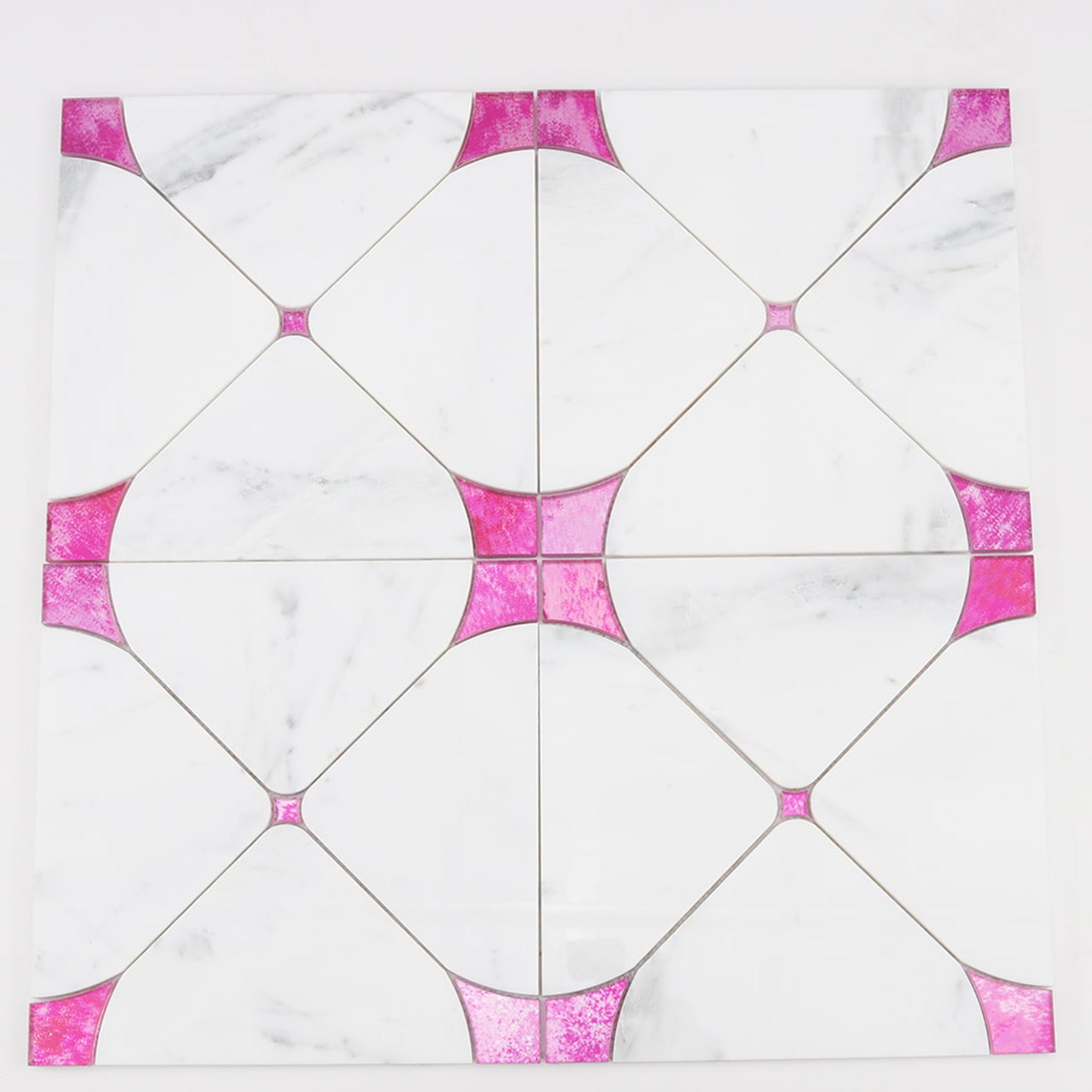 White Square Marble Waterjet Mosaic Tile with Pink Glass — mosaic hoa văn waterjet bằng đá marble trắng & hồng