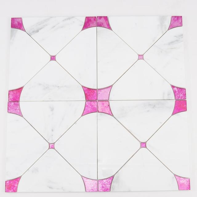 White Square Marble Waterjet Mosaic Tile with Pink Glass — mosaic hoa văn waterjet bằng đá marble trắng & hồng