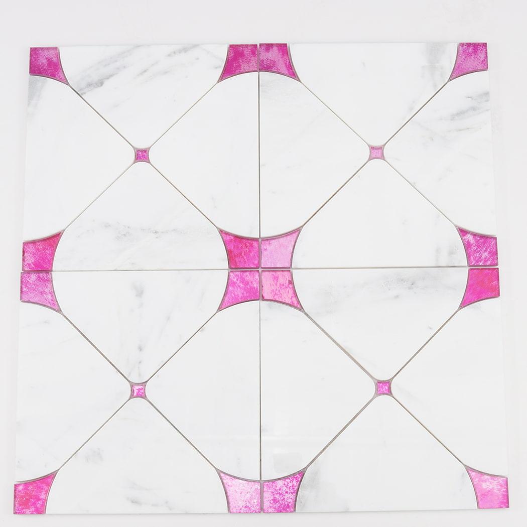 White Square Marble Waterjet Mosaic Tile with Pink Glass — mosaic hoa văn waterjet bằng đá marble trắng & hồng