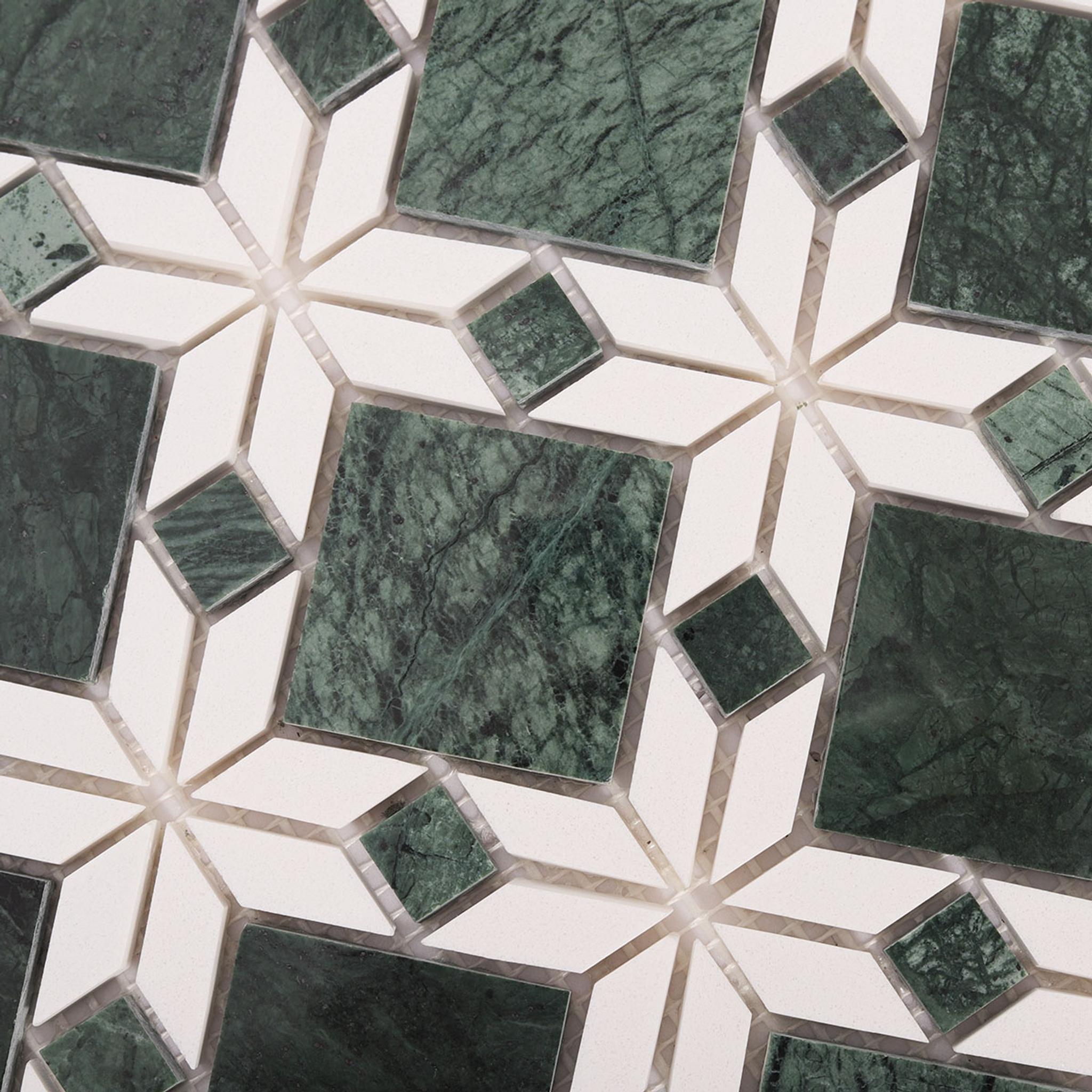 Green and White Marble Flower Mosaic Tiles — mosaic hoa văn waterjet bằng đá marble trắng & xanh lục
