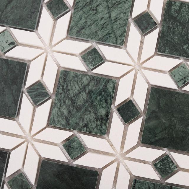 Green and White Marble Flower Mosaic Tiles — mosaic hoa văn waterjet bằng đá marble trắng & xanh lục