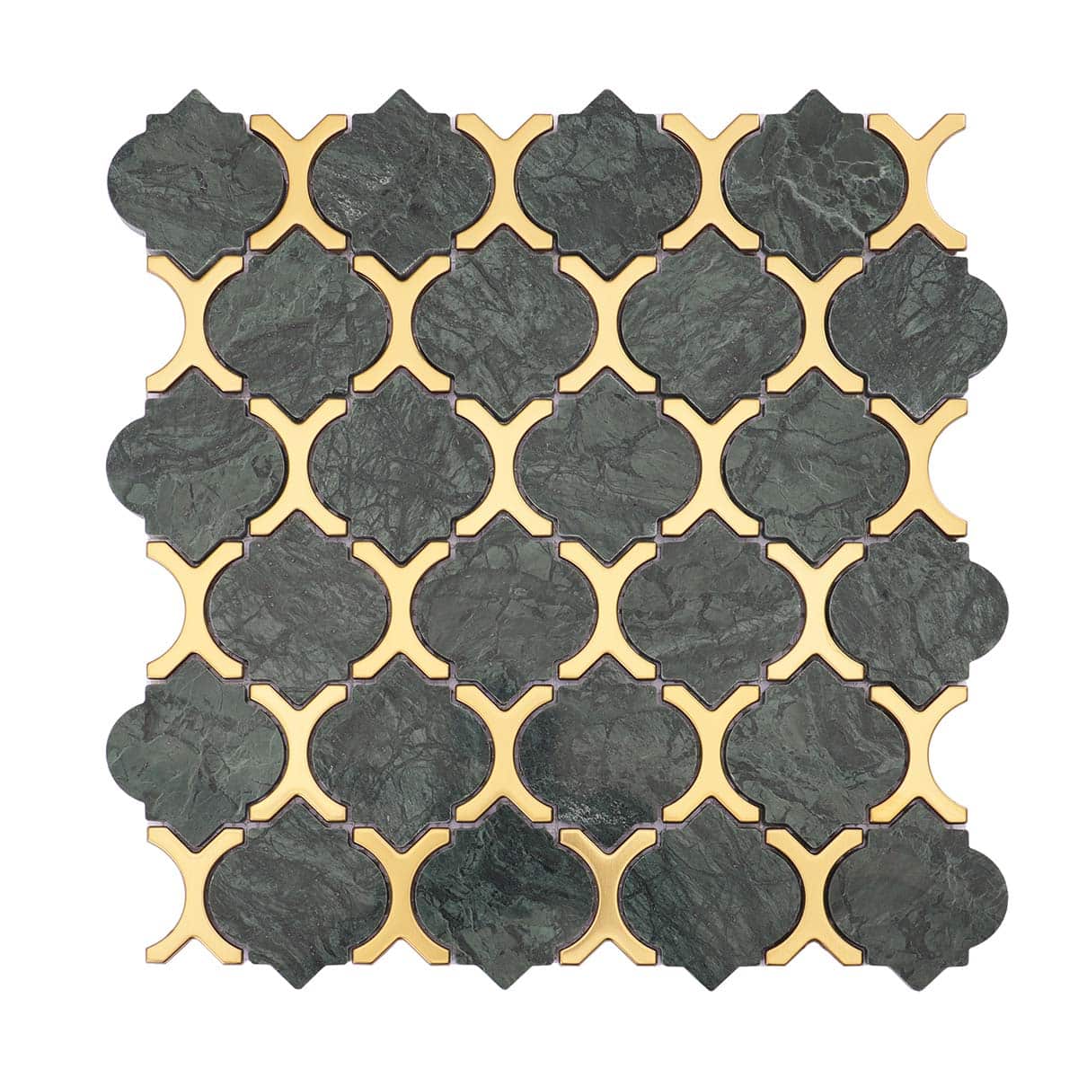 Arabesque Green Marble and Gold Metal Mosaic Tile — mosaic arabesque bằng đá marble xanh lục & vàng